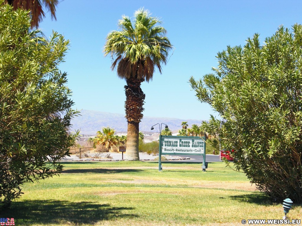 Death Valley National Park. - Schild, Tafel, Death-Valley-Nationalpark, Furnace Creek, Palme - (Indian Village, Death Valley, California, Vereinigte Staaten)