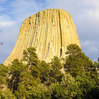 Devils Tower National Monument. Tower Trail - Devils Tower National Monument. - Sehenswürdigkeit, Bäume, Berg, Monolith, Devils Tower, Devils Tower National Monument, Wyoming, Attraktion, Teufelsturm, Vulkangestein, Tower Trail - (Devils Tower, Wyoming, Vereinigte Staaten)