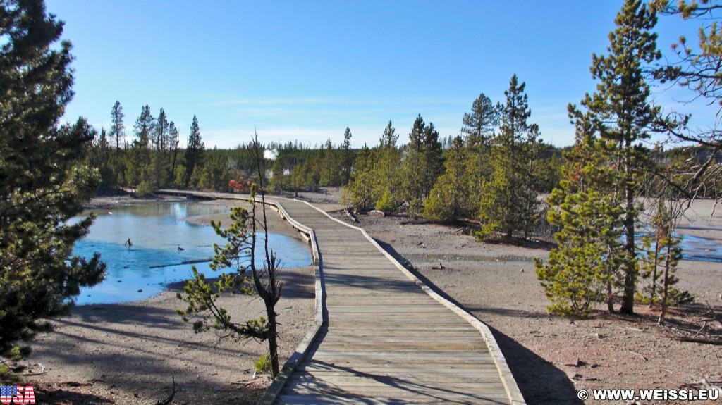 Yellowstone-Nationalpark. Back Basin - Norris Geyser Basin - Yellowstone-Nationalpark. - Holzsteg, Norris Geyser Basin, Boardwalk, Back Basin - (Canyon Junction, Yellowstone National Park, Wyoming, Vereinigte Staaten)