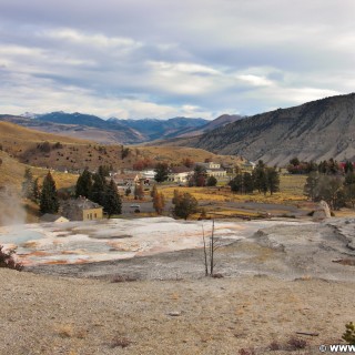 Mammoth Hot Springs - Yellowstone-Nationalpark. Ausblick auf Mammoth Hot Springs vom Boardwalk zwischen Palette Spring und Minerva Terrace in der Lower Terraces Area.. - Lower Terraces, Mammoth Hot Springs, Sinter-Terrassen - (Mammoth, Yellowstone National Park, Wyoming, Vereinigte Staaten)