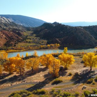 Dinosaur National Monument. Split Mountain Group Campground am Ufer des Green River. - Landschaft, Bäume, Panorama, Fluss, Campingplatz, Wasser, Berge, Green River, Herbst, Laub, Split Mountain - (Jensen, Utah, Vereinigte Staaten)