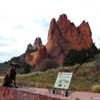 Garden of the Gods - Central Garden Trail. Am Central Garden Trail finden sich viele schöne Motive. Hier im Bild: Kindergarten- und South Gateway Rock. - Schild, Sehenswürdigkeit, Tafel, Tier, Tiere, Felsformation, Sandstein, Sandsteinformationen, Park, Weg, Hund, Felsformationen, Sandsteinformation, Ausflugsziel, Garten der Götter, Naturpark, sehenswert, Kindergarten Rock, South Gateway Rock, Central Garden Trail, Mauer - (Glen Eyrie, Colorado Springs, Colorado, Vereinigte Staaten)